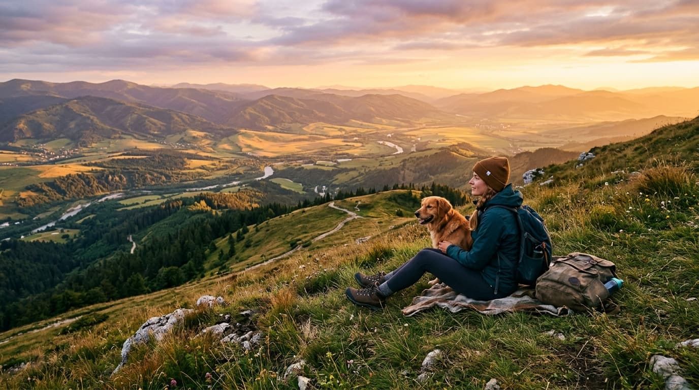 Traveler with dog looking out over scenic mountain ranges at sunset