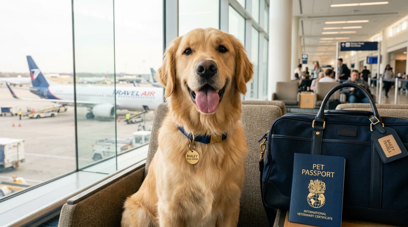 Golden retriever Bailey with official pet passport at airport terminal